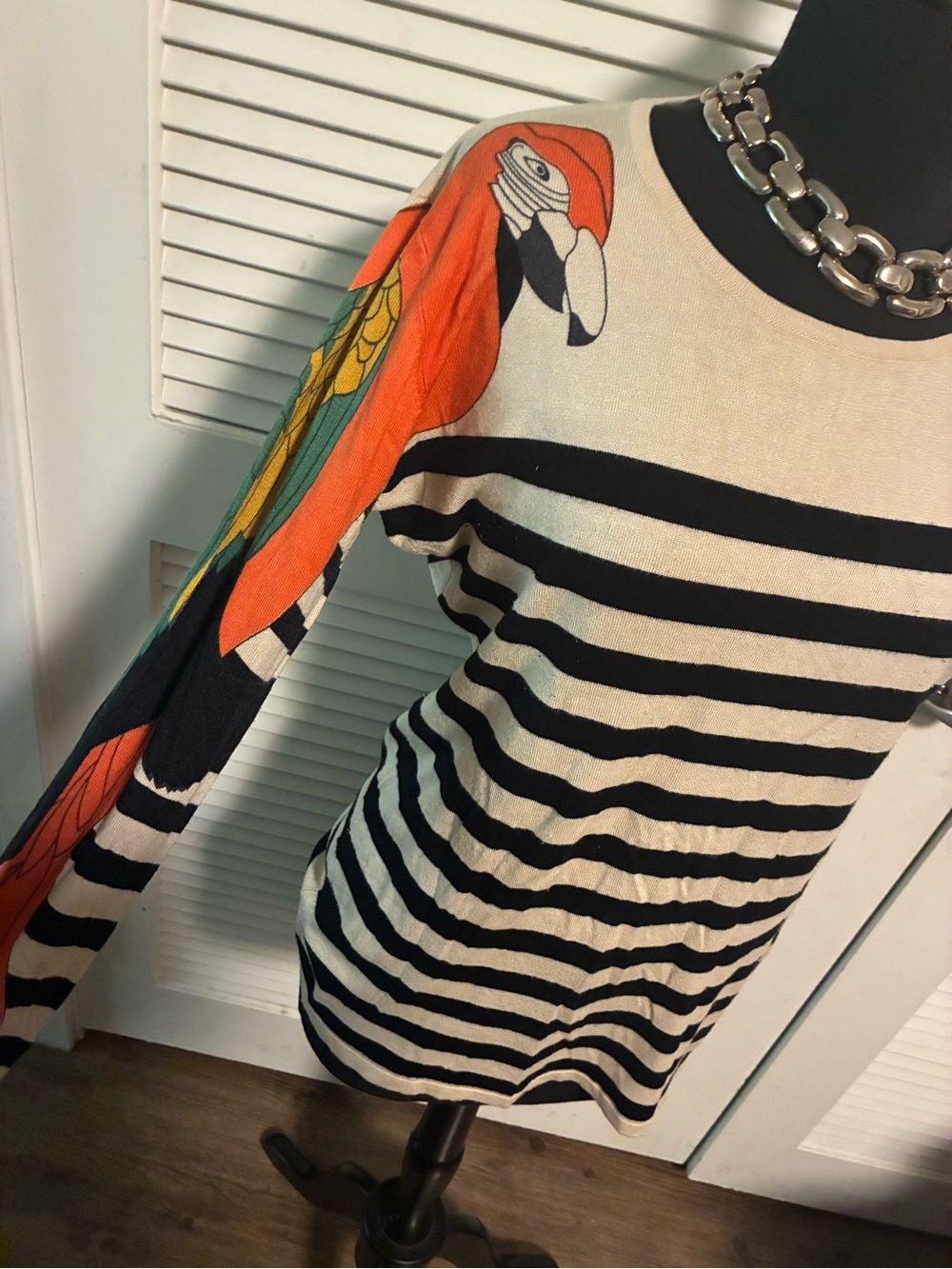 Double Zero Black & Cream Striped Long Sleeve Top with Orange Parrot Sleeve